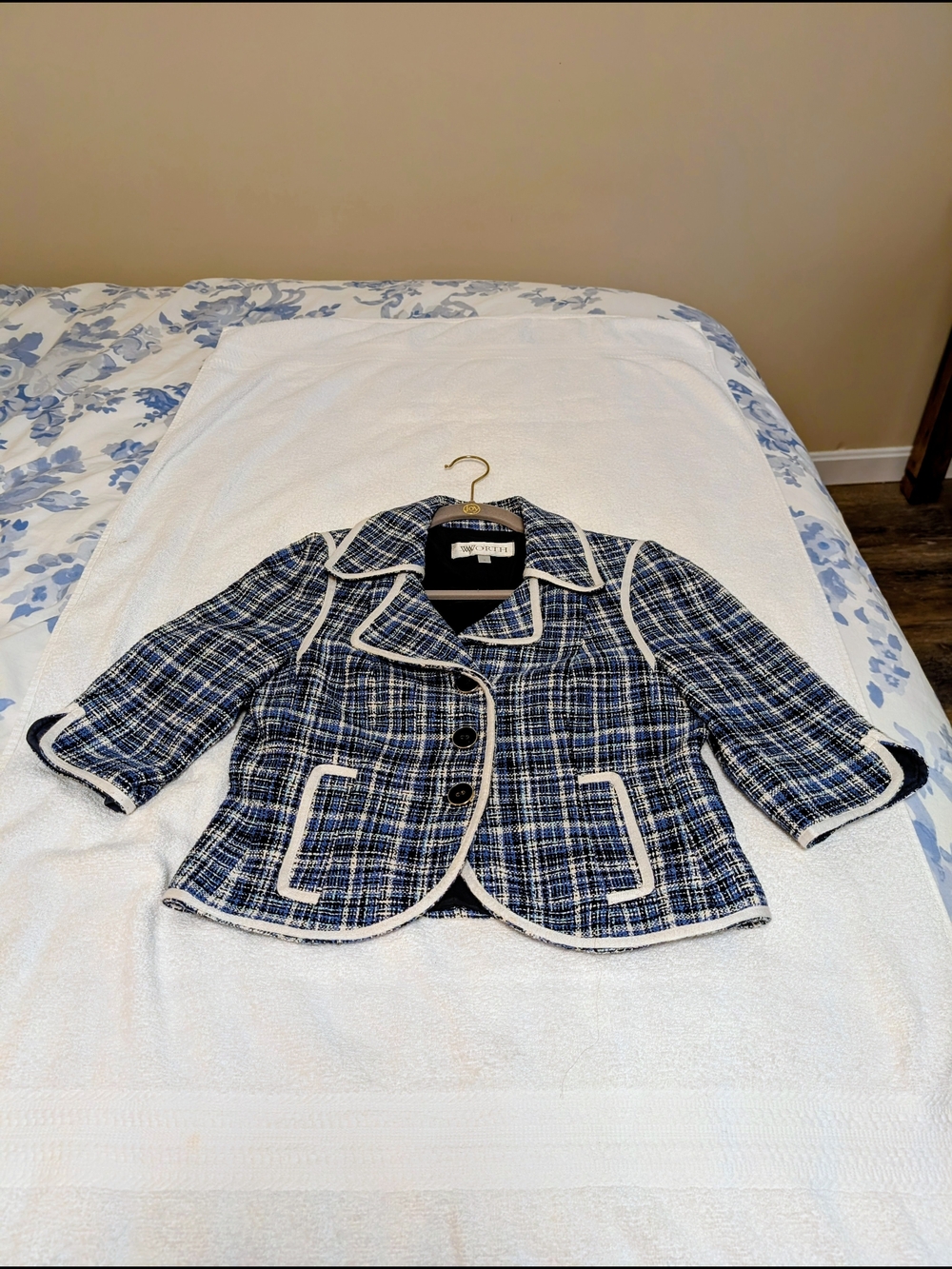 Worth Blue Plaid Tweed Women's Blazer with White Trim